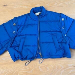 3.1 Phillip Lim puffer-styled jacket in Royal Blue, cropped quilted design.